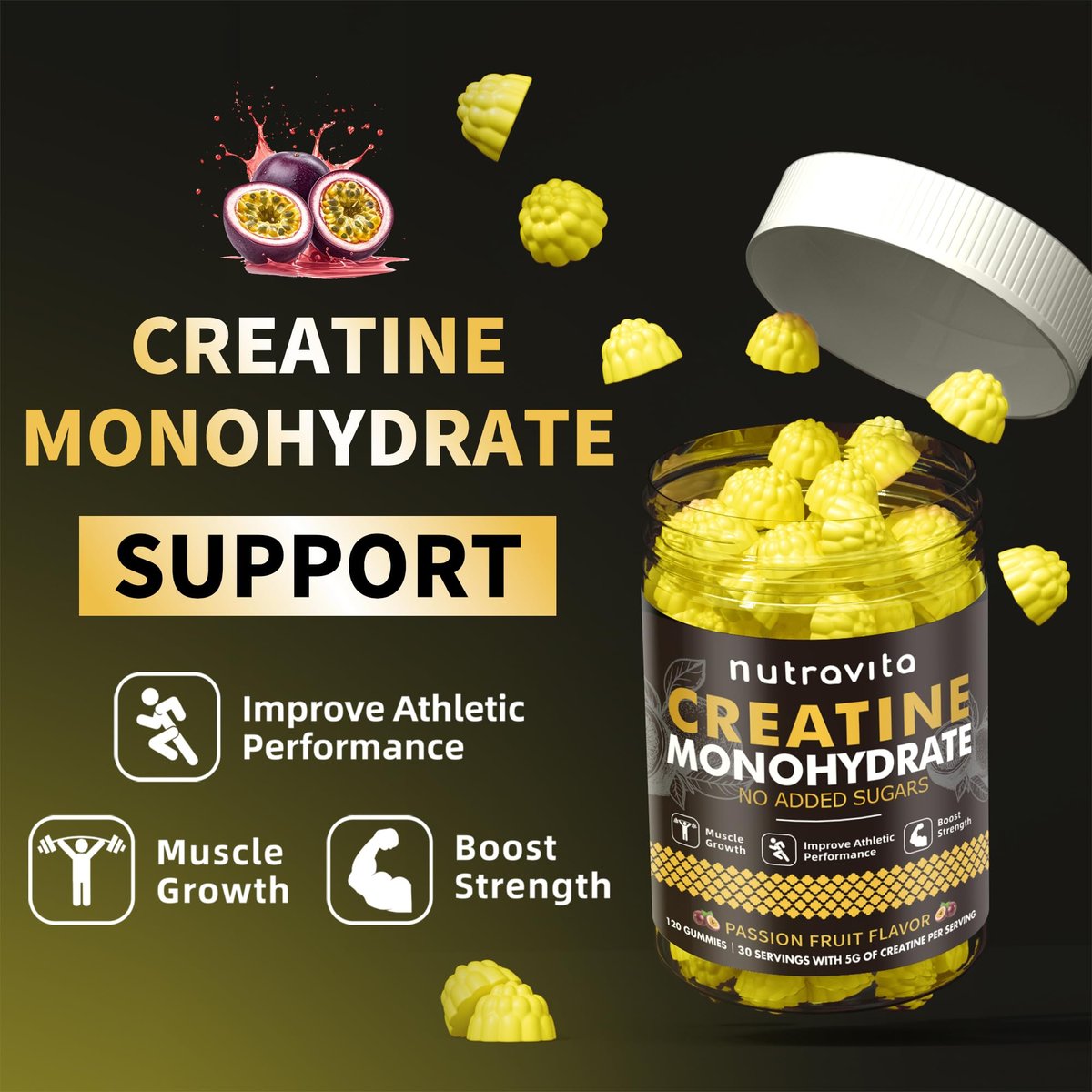 Nutravita NSF-zertifizierte Creatine Gummies – 5 g Creatin-Monohydrat pro Portion – Zuckerfrei, vegan, Passionsfruchtgeschmack – 120 Stück