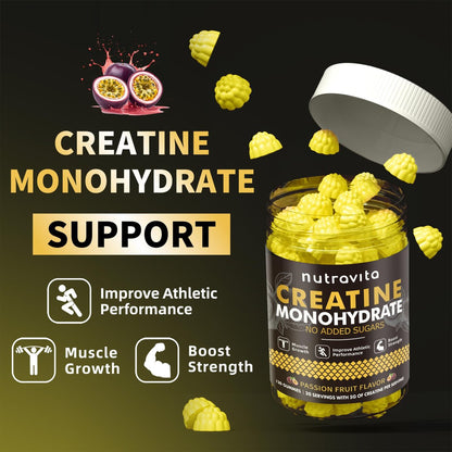 Nutravita NSF-zertifizierte Creatine Gummies – 5 g Creatin-Monohydrat pro Portion – Zuckerfrei, vegan, Passionsfruchtgeschmack – 120 Stück