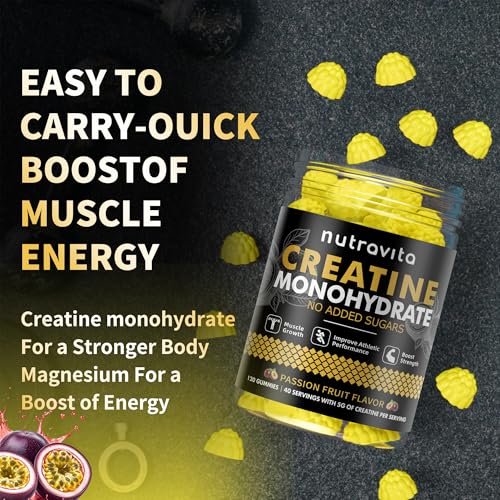 Nutravita NSF-zertifizierte Creatine Gummies – 5 g Creatin-Monohydrat pro Portion – Zuckerfrei, vegan, Passionsfruchtgeschmack – 120 Stück
