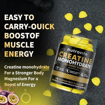 Nutravita NSF-zertifizierte Creatine Gummies – 5 g Creatin-Monohydrat pro Portion – Zuckerfrei, vegan, Passionsfruchtgeschmack – 120 Stück