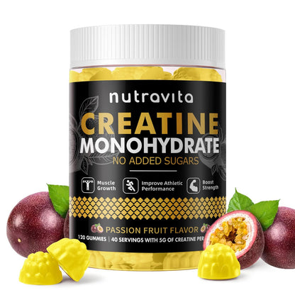 Nutravita NSF-zertifizierte Creatine Gummies – 5 g Creatin-Monohydrat pro Portion – Zuckerfrei, vegan, Passionsfruchtgeschmack – 120 Stück