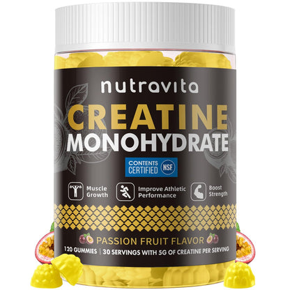 Nutravita NSF-zertifizierte Creatine Gummies – 5 g Creatin-Monohydrat pro Portion – Zuckerfrei, vegan, Passionsfruchtgeschmack – 120 Stück