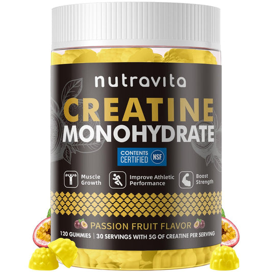 Nutravita NSF-zertifizierte Creatine Gummies – 5 g Creatin-Monohydrat pro Portion – Zuckerfrei, vegan, Passionsfruchtgeschmack – 120 Stück