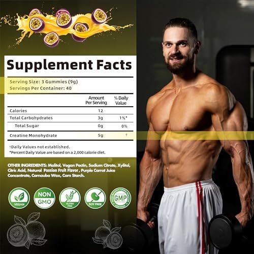 Nutravita NSF-zertifizierte Creatine Gummies – 5 g Creatin-Monohydrat pro Portion – Zuckerfrei, vegan, Passionsfruchtgeschmack – 120 Stück