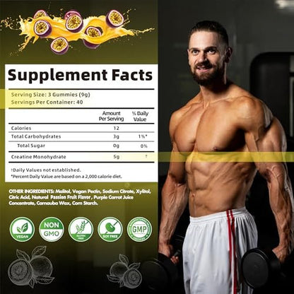 Nutravita NSF-zertifizierte Creatine Gummies – 5 g Creatin-Monohydrat pro Portion – Zuckerfrei, vegan, Passionsfruchtgeschmack – 120 Stück