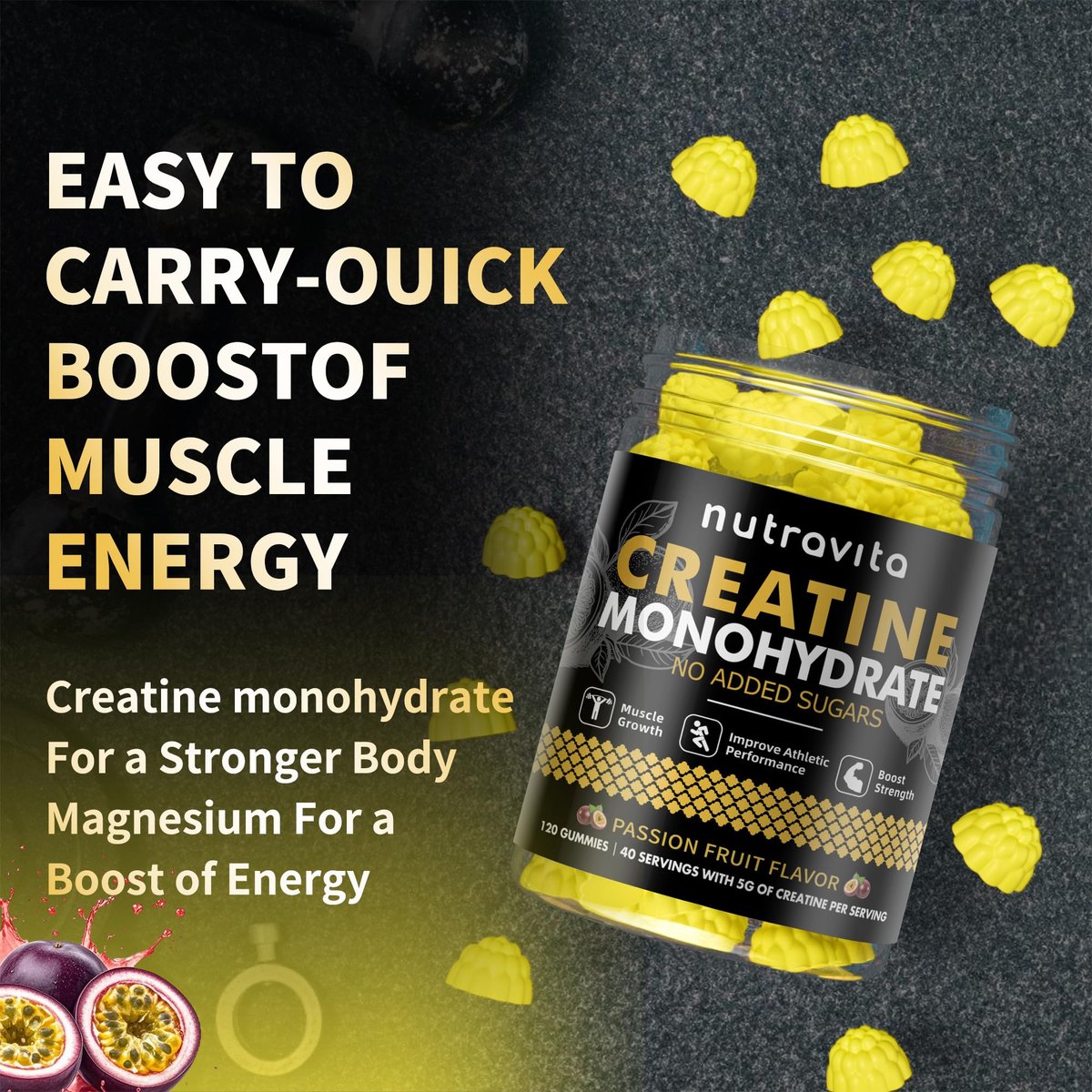 Nutravita NSF-zertifizierte Creatine Gummies – 5 g Creatin-Monohydrat pro Portion – Zuckerfrei, vegan, Passionsfruchtgeschmack – 120 Stück