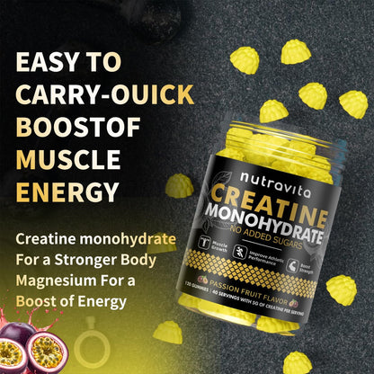 Nutravita NSF-zertifizierte Creatine Gummies – 5 g Creatin-Monohydrat pro Portion – Zuckerfrei, vegan, Passionsfruchtgeschmack – 120 Stück