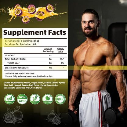 Nutravita NSF-zertifizierte Creatine Gummies – 5 g Creatin-Monohydrat pro Portion – Zuckerfrei, vegan, Passionsfruchtgeschmack – 120 Stück