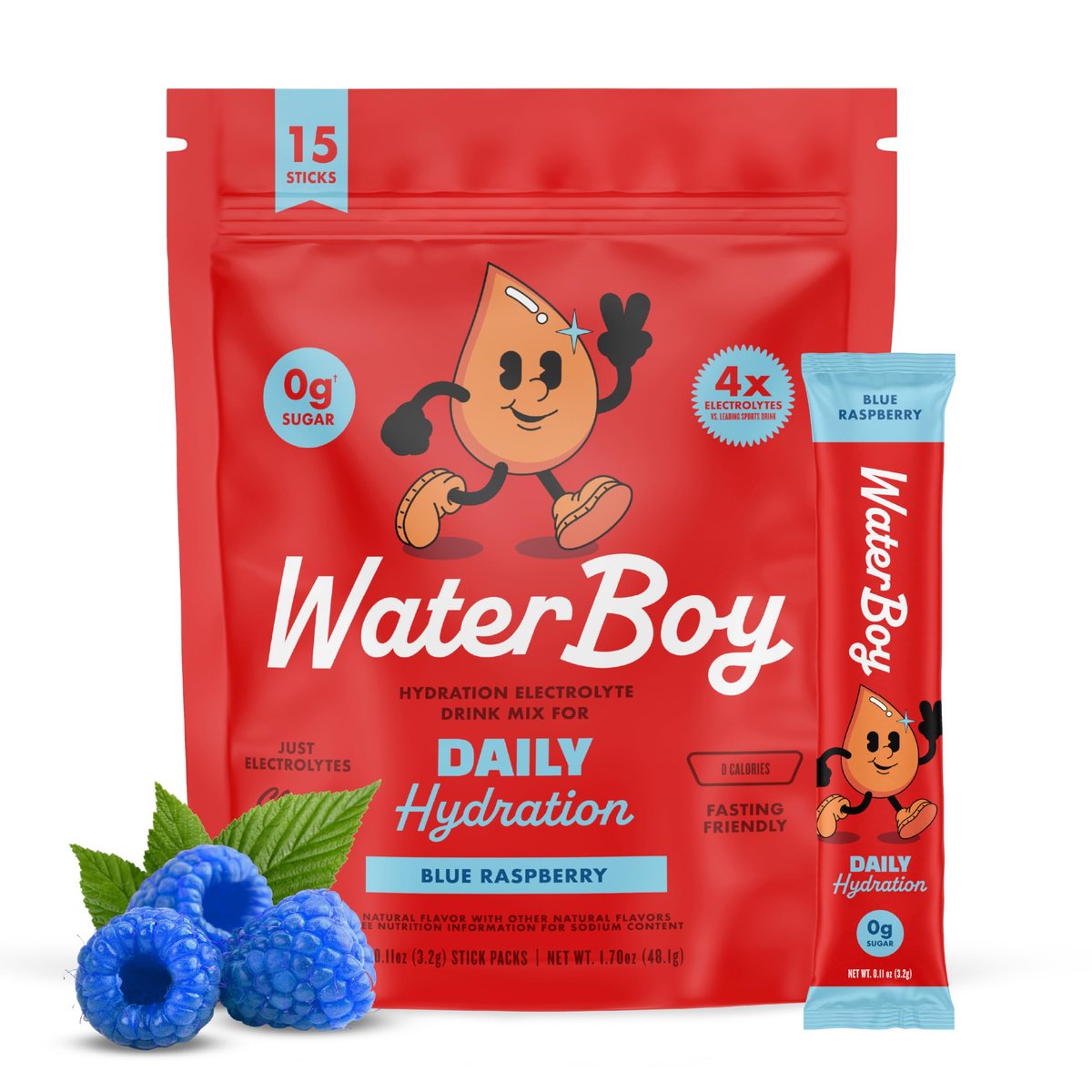 Waterboy Daily Hydration | 1.570 mg Elektrolyt-Pulver-Päckchen | Ohne Zucker, natürlich, glutenfrei, null Kalorien | 15 Trinkmischungen (Blaue Himbeere)
