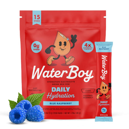 Waterboy Daily Hydration | 1.570 mg Elektrolyt-Pulver-Päckchen | Ohne Zucker, natürlich, glutenfrei, null Kalorien | 15 Trinkmischungen (Blaue Himbeere)