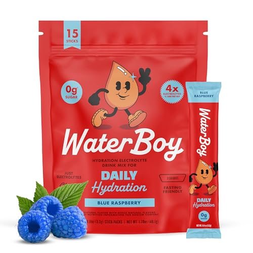 Waterboy Daily Hydration | 1.570 mg Elektrolyt-Pulver-Päckchen | Ohne Zucker, natürlich, glutenfrei, null Kalorien | 15 Trinkmischungen (Blaue Himbeere)