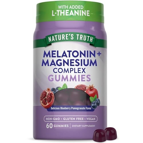 Nature's Truth Melatonin mit Magnesium Gummibärchen | 60 Stück | Plus L-Theanin | Heidelbeere-Granatapfel-Geschmack | Vegan, Non-GMO & Glutenfrei
