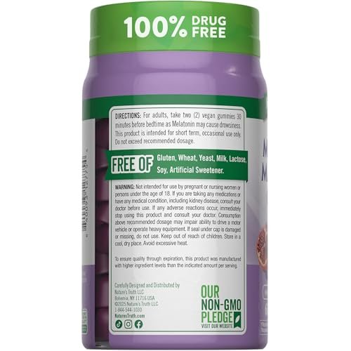 Nature's Truth Melatonin mit Magnesium Gummibärchen | 60 Stück | Plus L-Theanin | Heidelbeere-Granatapfel-Geschmack | Vegan, Non-GMO & Glutenfrei