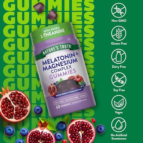 Nature's Truth Melatonin mit Magnesium Gummibärchen | 60 Stück | Plus L-Theanin | Heidelbeere-Granatapfel-Geschmack | Vegan, Non-GMO & Glutenfrei