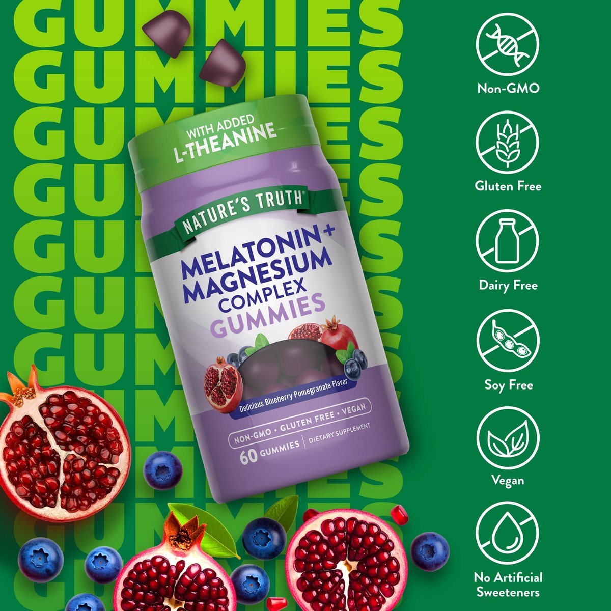 Nature's Truth Melatonin mit Magnesium Gummibärchen | 60 Stück | Plus L-Theanin | Heidelbeere-Granatapfel-Geschmack | Vegan, Non-GMO & Glutenfrei