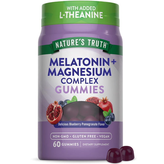 Nature's Truth Melatonin mit Magnesium Gummibärchen | 60 Stück | Plus L-Theanin | Heidelbeere-Granatapfel-Geschmack | Vegan, Non-GMO & Glutenfrei