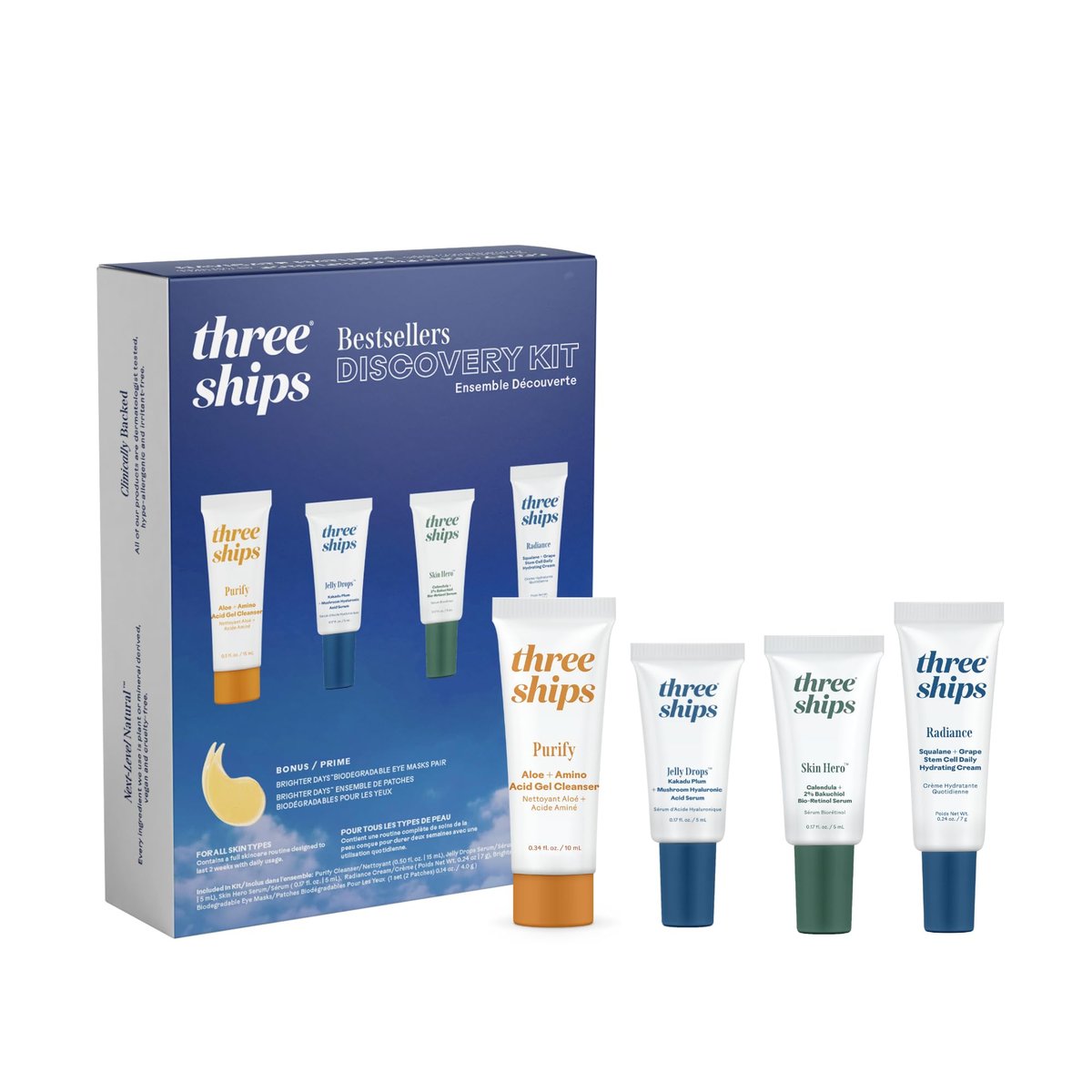 Three Ships - Discovery Beauty Skincare Kit | Reinigungsgel (10 mL), Jelly Drops Serum (5 mL), Skin Hero Serum (5 mL), Radiance Feuchtigkeitscreme (7 g)