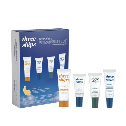 Three Ships - Discovery Beauty Skincare Kit | Reinigungsgel (10 mL), Jelly Drops Serum (5 mL), Skin Hero Serum (5 mL), Radiance Feuchtigkeitscreme (7 g)