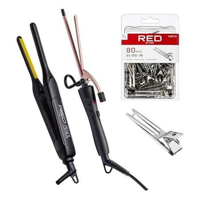 RED by KISS 3-teiliges Styling-Set – 0,3-Zoll Keramik-Tourmalin-Glätteisen, 1/4-Zoll Mini-Lockenstab, 80 Haarklammern – für Kanten, enge Locken, Twist-Frisuren & Frizz-Kontrolle bei kurzem Haar
