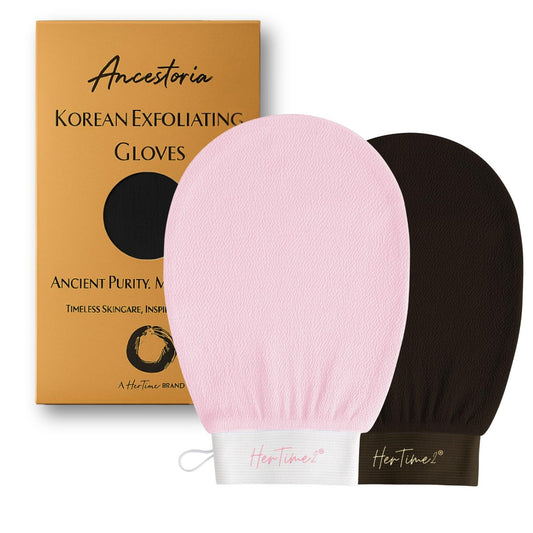 Ancestoria Koreanische Peelinghandschuhe für die Dusche, Pink und Schwarz, 2er-Pack, Tiefenpeeling-Handschuhe für den Körper, wiederverwendbar und chemiefrei, Eine Marke von HerTime2