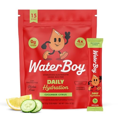 Waterboy Daily Hydration | 1.570 mg Elektrolyt-Pulver-Päckchen | Ohne Zucker, Natürlich, Glutenfrei, Null Kalorien | 15 Trinkmischungen (Gurke-Zitrus)