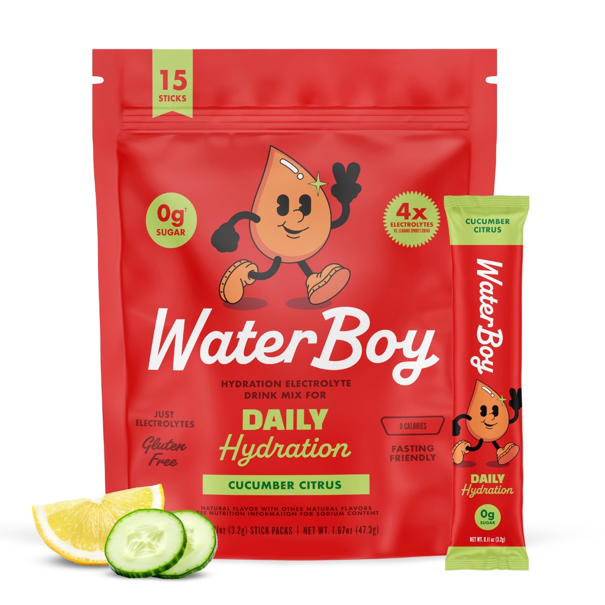 Waterboy Daily Hydration | 1.570 mg Elektrolyt-Pulver-Päckchen | Ohne Zucker, Natürlich, Glutenfrei, Null Kalorien | 15 Trinkmischungen (Gurke-Zitrus)