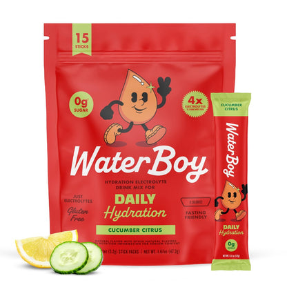 Waterboy Daily Hydration | 1.570 mg Elektrolyt-Pulver-Päckchen | Ohne Zucker, Natürlich, Glutenfrei, Null Kalorien | 15 Trinkmischungen (Gurke-Zitrus)