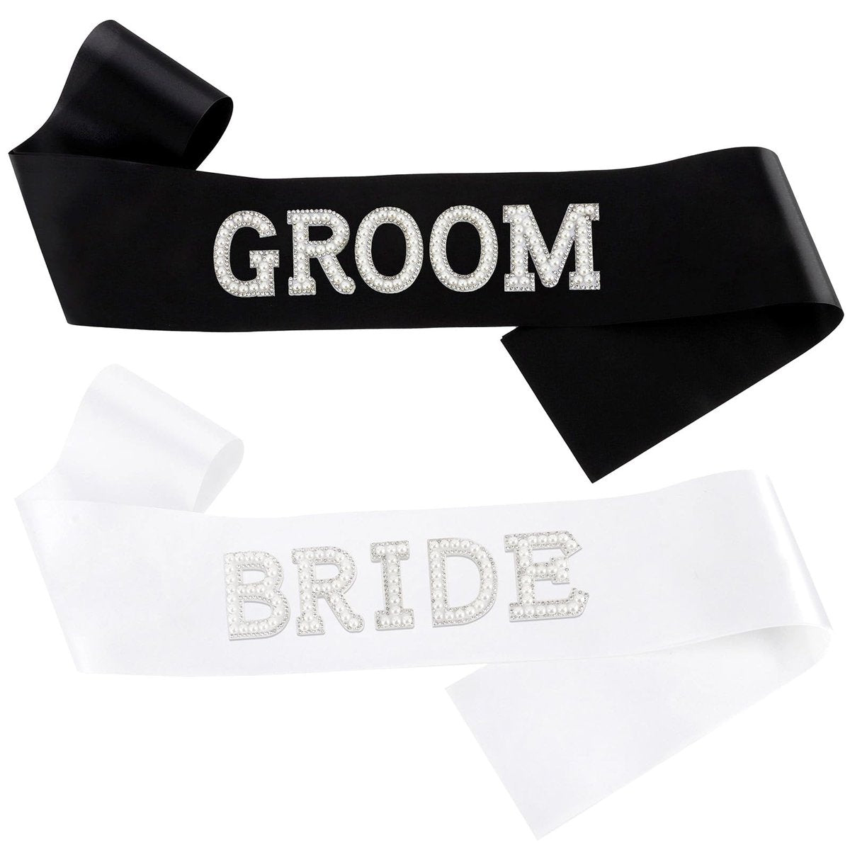KICOSY 2er-Set Perlen Braut und Bräutigam Schärpe - Weiße Brautschärpe & Schwarze Bräutigamschärpe für Junggesellinnenabschied, Polterabend, Hochzeit, Brautparty & Verlobungsfeier