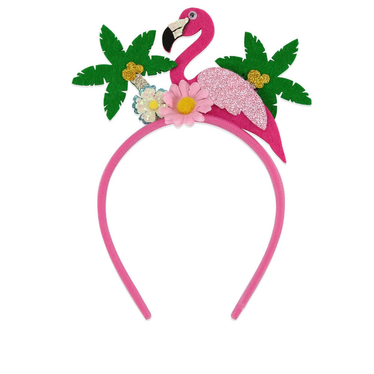 Flamingo-Stirnband mit Kokospalmen – Haaraccessoire für Frauen, Hawaii-Party-Stirnbänder für Mädchen, Sommerblumen-Haarband, rosa Haardekoration (1 Stück)