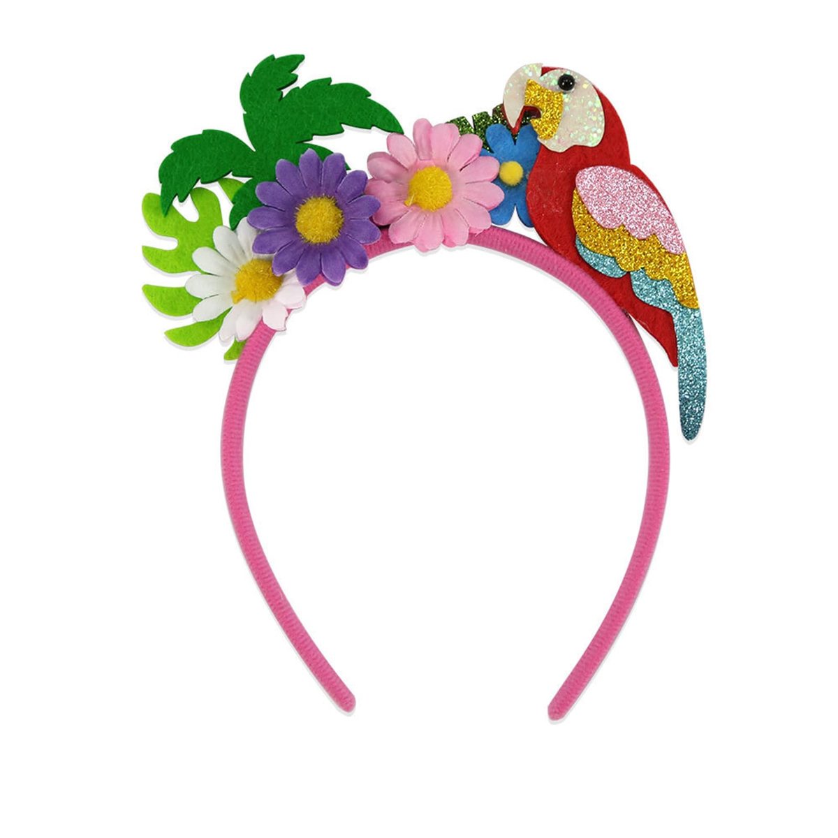 Papageien-Kopfband mit Kokosnussbaum – Haaraccessoire für Hawaii-Party, Sommer, Strand, Blumen, Pink, 1 Stück