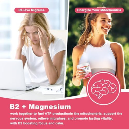 Vitamin B2 Gummis Riboflavin 400mg mit Magnesium – Zuckerfrei, Vegan, Himbeergeschmack – 90 Stück für Kinder & Erwachsene zur Migräne-Linderung & Nervensystem-Unterstützung