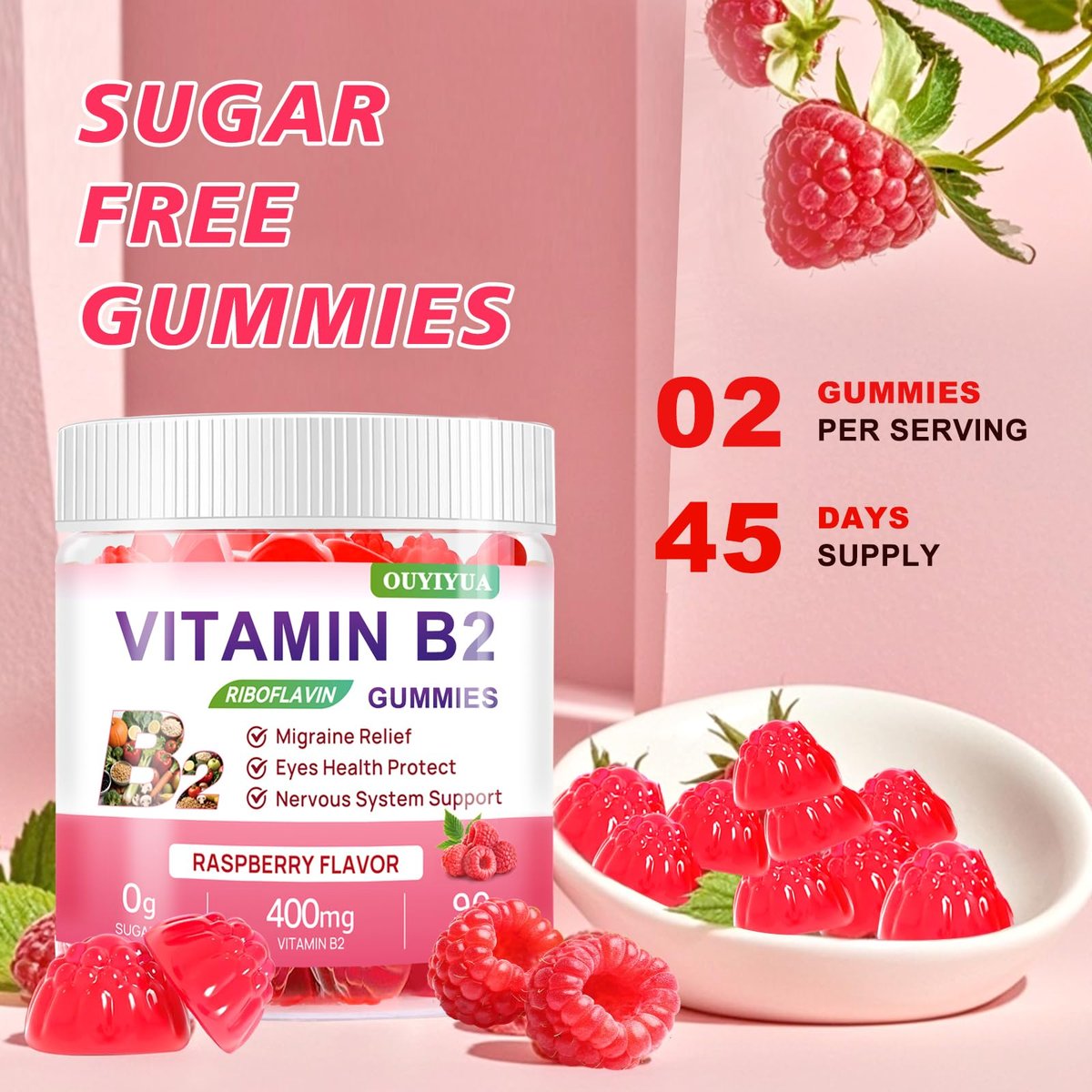 Vitamin B2 Gummis Riboflavin 400mg mit Magnesium – Zuckerfrei, Vegan, Himbeergeschmack – 90 Stück für Kinder & Erwachsene zur Migräne-Linderung & Nervensystem-Unterstützung