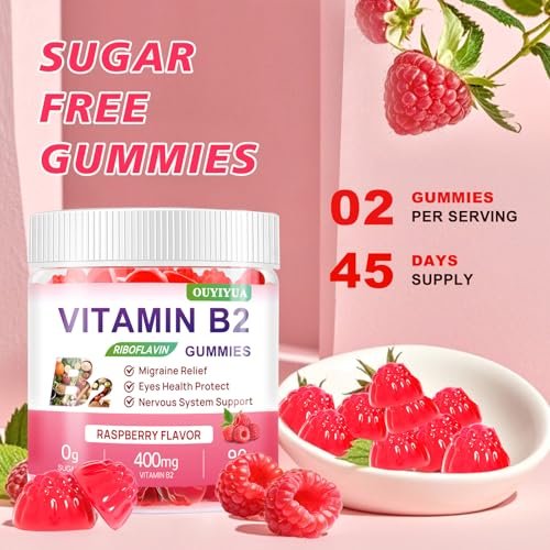 Vitamin B2 Gummis Riboflavin 400mg mit Magnesium – Zuckerfrei, Vegan, Himbeergeschmack – 90 Stück für Kinder & Erwachsene zur Migräne-Linderung & Nervensystem-Unterstützung