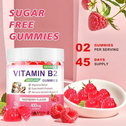 Vitamin B2 Gummis Riboflavin 400mg mit Magnesium – Zuckerfrei, Vegan, Himbeergeschmack – 90 Stück für Kinder & Erwachsene zur Migräne-Linderung & Nervensystem-Unterstützung