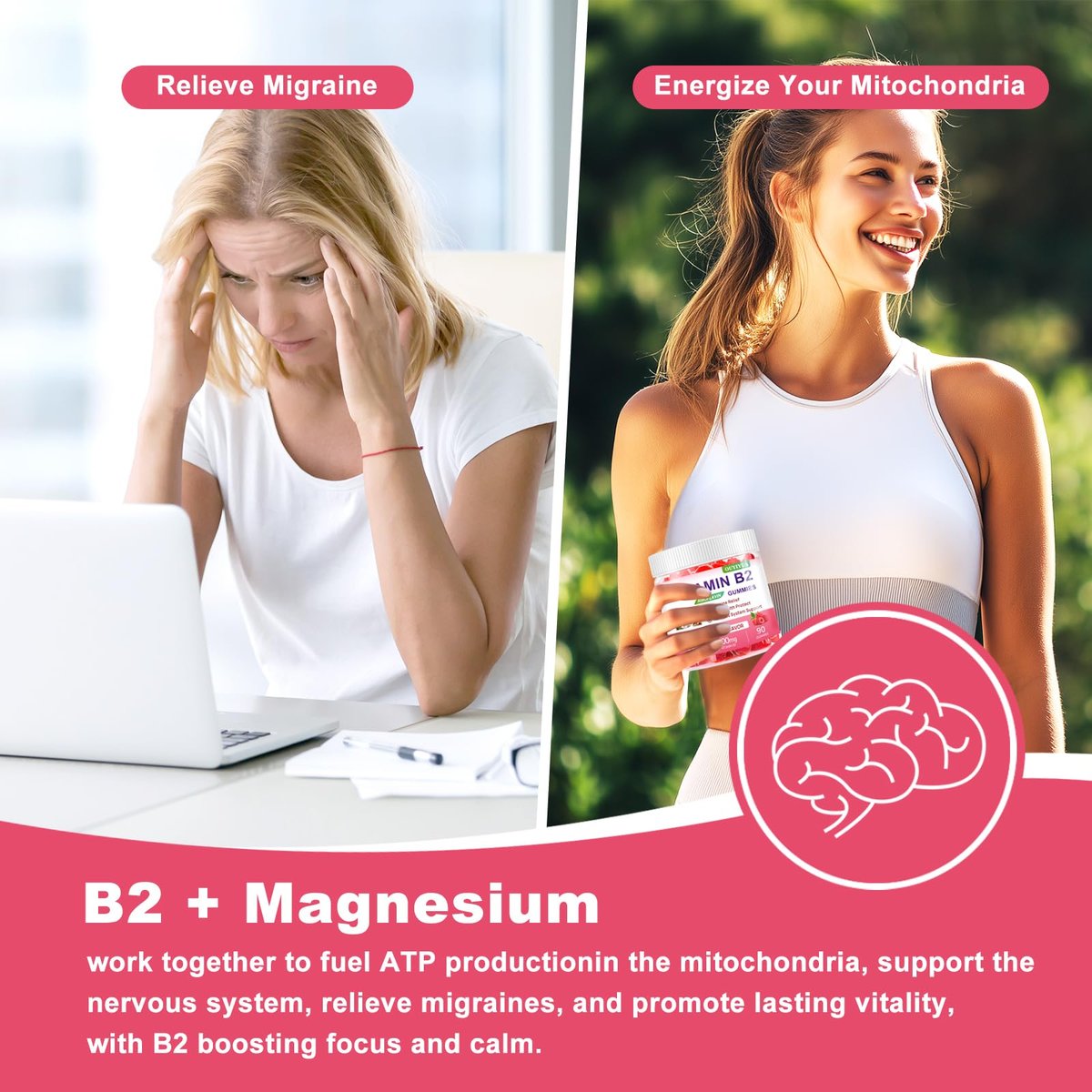Vitamin B2 Gummis Riboflavin 400mg mit Magnesium – Zuckerfrei, Vegan, Himbeergeschmack – 90 Stück für Kinder & Erwachsene zur Migräne-Linderung & Nervensystem-Unterstützung