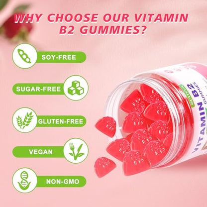 Vitamin B2 Gummis Riboflavin 400mg mit Magnesium – Zuckerfrei, Vegan, Himbeergeschmack – 90 Stück für Kinder & Erwachsene zur Migräne-Linderung & Nervensystem-Unterstützung