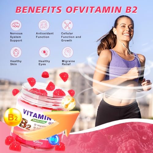 Vitamin B2 Gummis Riboflavin 400mg mit Magnesium – Zuckerfrei, Vegan, Himbeergeschmack – 90 Stück für Kinder & Erwachsene zur Migräne-Linderung & Nervensystem-Unterstützung