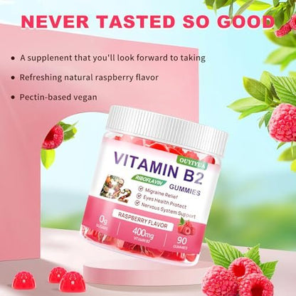 Vitamin B2 Gummis Riboflavin 400mg mit Magnesium – Zuckerfrei, Vegan, Himbeergeschmack – 90 Stück für Kinder & Erwachsene zur Migräne-Linderung & Nervensystem-Unterstützung