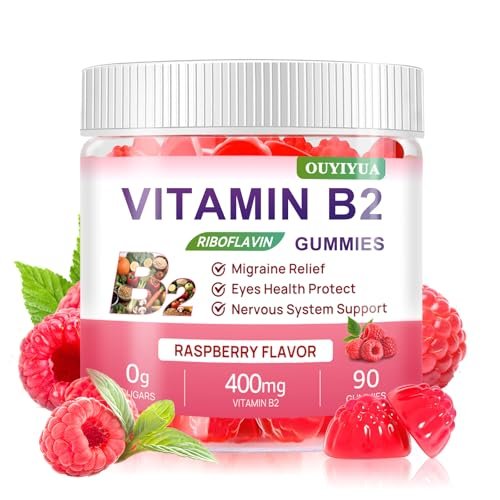 Vitamin B2 Gummis Riboflavin 400mg mit Magnesium – Zuckerfrei, Vegan, Himbeergeschmack – 90 Stück für Kinder & Erwachsene zur Migräne-Linderung & Nervensystem-Unterstützung