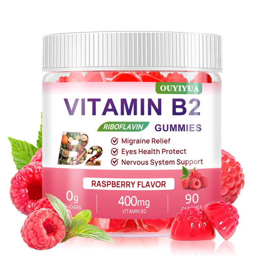 Vitamin B2 Gummis Riboflavin 400mg mit Magnesium – Zuckerfrei, Vegan, Himbeergeschmack – 90 Stück für Kinder & Erwachsene zur Migräne-Linderung & Nervensystem-Unterstützung