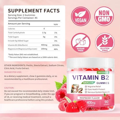 Vitamin B2 Gummis Riboflavin 400mg mit Magnesium – Zuckerfrei, Vegan, Himbeergeschmack – 90 Stück für Kinder & Erwachsene zur Migräne-Linderung & Nervensystem-Unterstützung