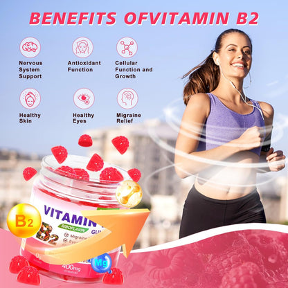 Vitamin B2 Gummis Riboflavin 400mg mit Magnesium – Zuckerfrei, Vegan, Himbeergeschmack – 90 Stück für Kinder & Erwachsene zur Migräne-Linderung & Nervensystem-Unterstützung