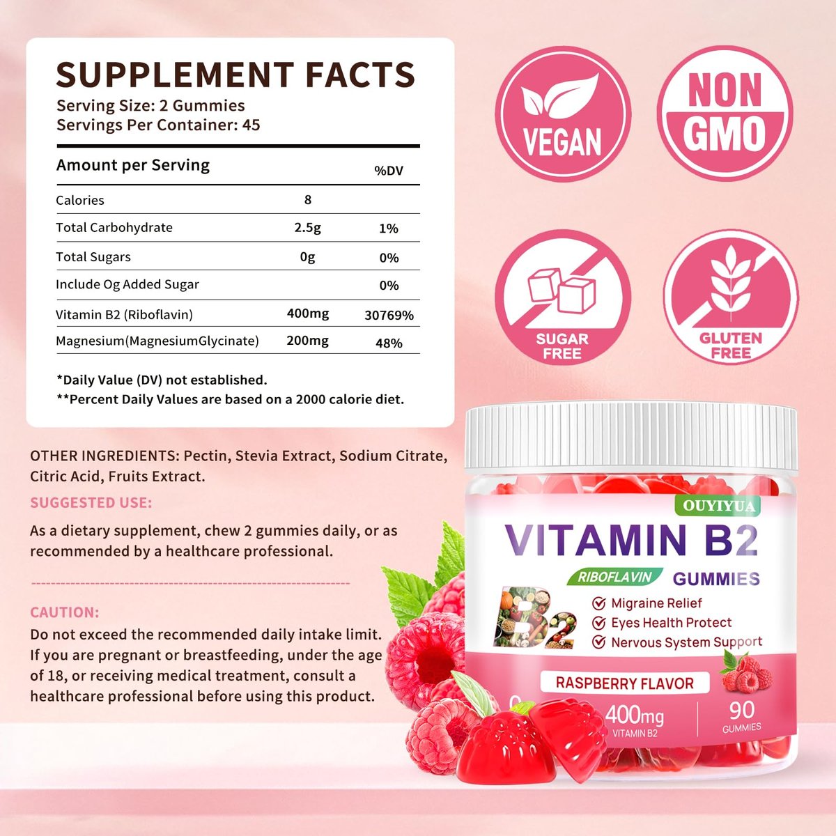 Vitamin B2 Gummis Riboflavin 400mg mit Magnesium – Zuckerfrei, Vegan, Himbeergeschmack – 90 Stück für Kinder & Erwachsene zur Migräne-Linderung & Nervensystem-Unterstützung