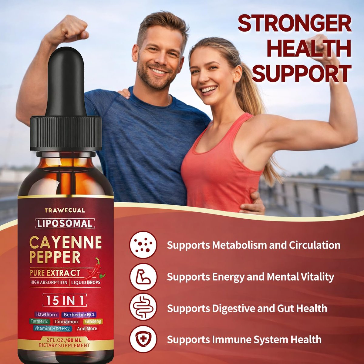 15-in-1 Liposomale Cayennepfeffer-Tropfen mit Vitamin D3 K2, Weißdorn, Berberin HCL, Rote Bete, Kurkuma, Zimt – Unterstützung für Verdauung und Kreislauf – 60 ml für 30 Tage