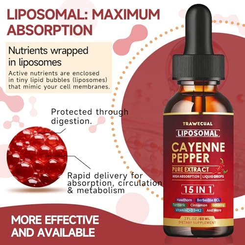 15-in-1 Liposomale Cayennepfeffer-Tropfen mit Vitamin D3 K2, Weißdorn, Berberin HCL, Rote Bete, Kurkuma, Zimt – Unterstützung für Verdauung und Kreislauf – 60 ml für 30 Tage