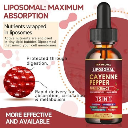 15-in-1 Liposomale Cayennepfeffer-Tropfen mit Vitamin D3 K2, Weißdorn, Berberin HCL, Rote Bete, Kurkuma, Zimt – Unterstützung für Verdauung und Kreislauf – 60 ml für 30 Tage