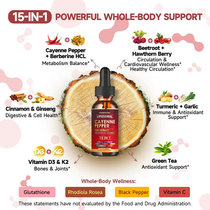 15-in-1 Liposomale Cayennepfeffer-Tropfen mit Vitamin D3 K2, Weißdorn, Berberin HCL, Rote Bete, Kurkuma, Zimt – Unterstützung für Verdauung und Kreislauf – 60 ml für 30 Tage