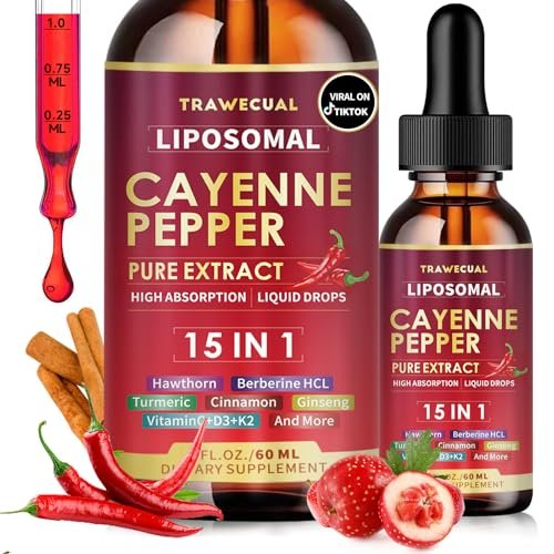 15-in-1 Liposomale Cayennepfeffer-Tropfen mit Vitamin D3 K2, Weißdorn, Berberin HCL, Rote Bete, Kurkuma, Zimt – Unterstützung für Verdauung und Kreislauf – 60 ml für 30 Tage