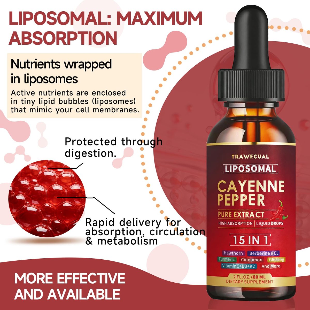 15-in-1 Liposomale Cayennepfeffer-Tropfen mit Vitamin D3 K2, Weißdorn, Berberin HCL, Rote Bete, Kurkuma, Zimt – Unterstützung für Verdauung und Kreislauf – 60 ml für 30 Tage