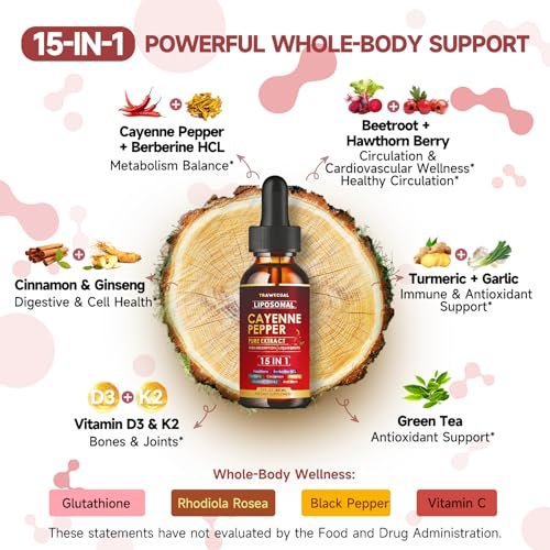 15-in-1 Liposomale Cayennepfeffer-Tropfen mit Vitamin D3 K2, Weißdorn, Berberin HCL, Rote Bete, Kurkuma, Zimt – Unterstützung für Verdauung und Kreislauf – 60 ml für 30 Tage